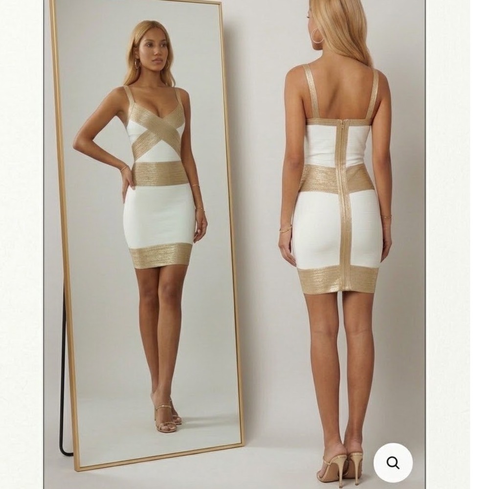 Bebe Color Block Bandage Bodycon  White Gold Metallic Mini Small 
NEW S